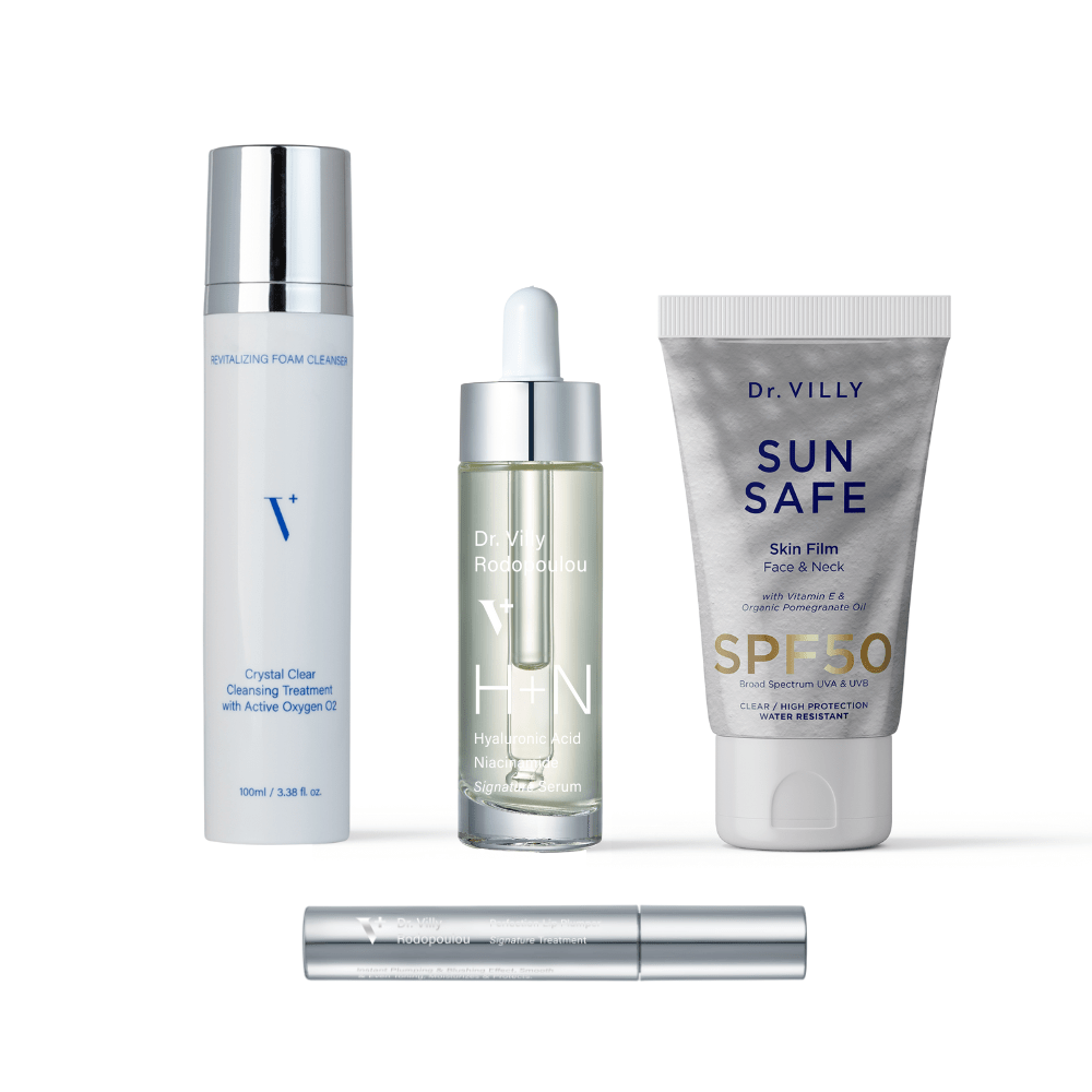 Everyday Essentials Gift Set - Dr. Villy Skincare - Medical Grade skincare set with foam cleanser, lip plumper, H + N serum & clear SPF50 for daily glow