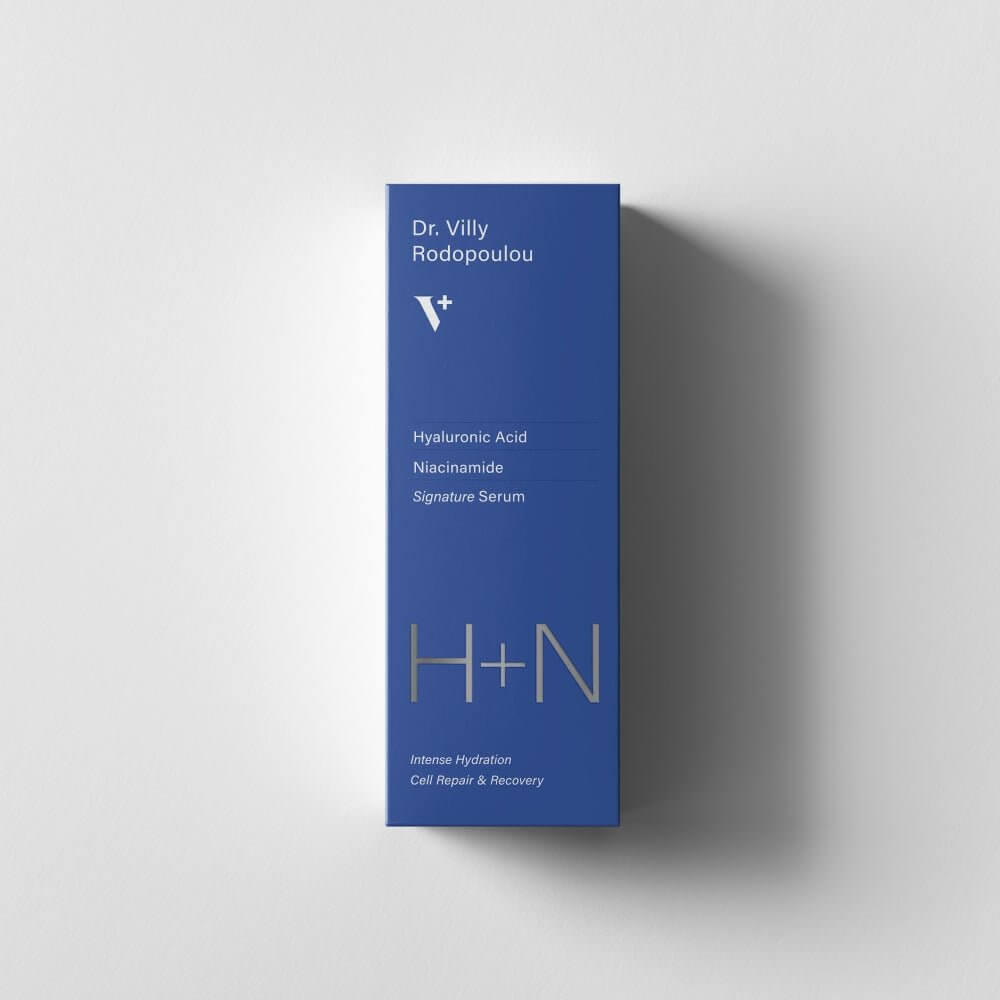H+N Serum in a blue branded box - 30ml - Dr. Villy Skincare - Medical Grade, antioxidant, hydrating serum with hyaluronic acid for smooth, radiant skin