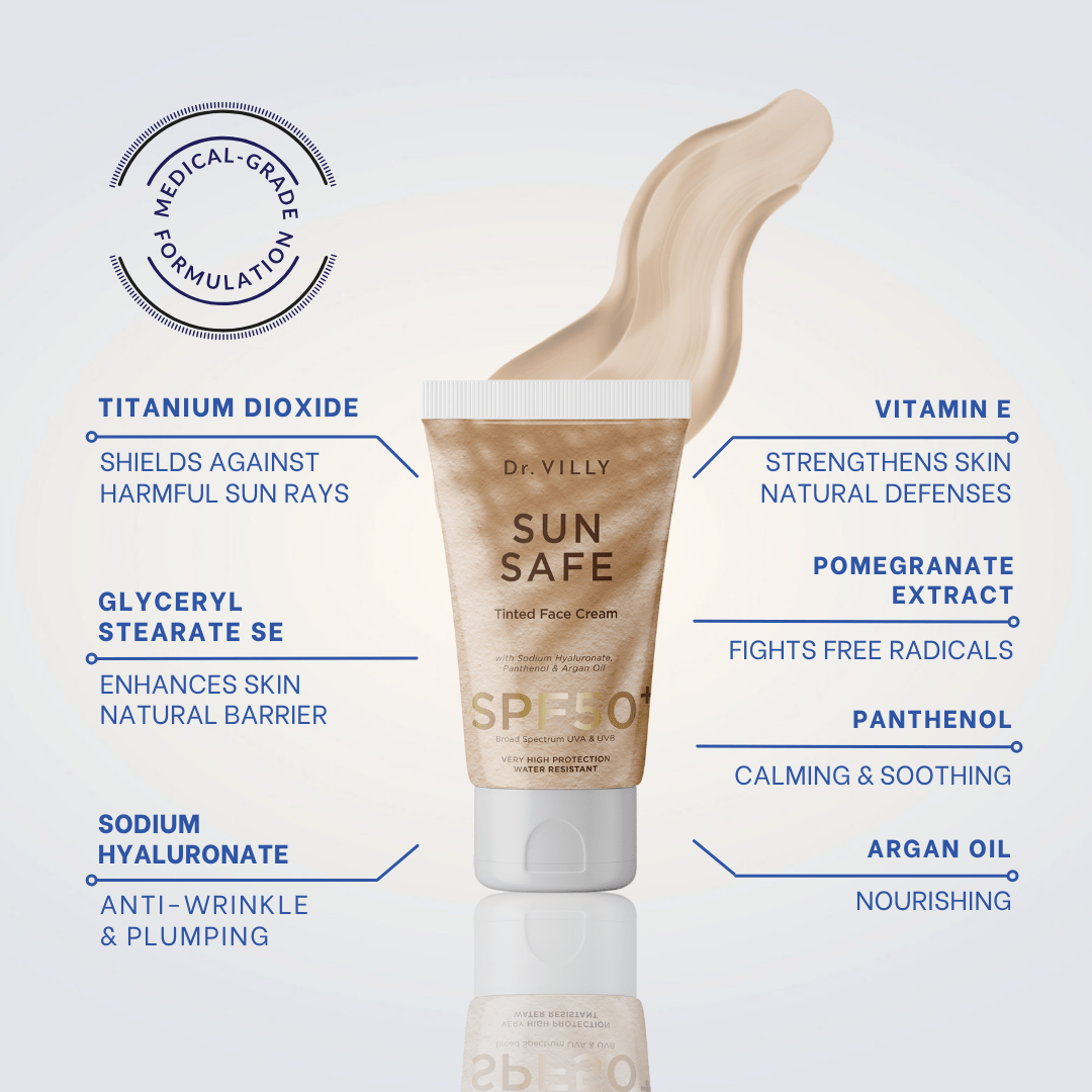 Sunscreen Face Cream SPF50+ (Tinted) – broad‑spectrum tinted SPF50+ cream with antioxidant UV defense, Vitamin E, Pommegranate Extract, Titanium Dioxide, Panthenol, Argan Oil and more