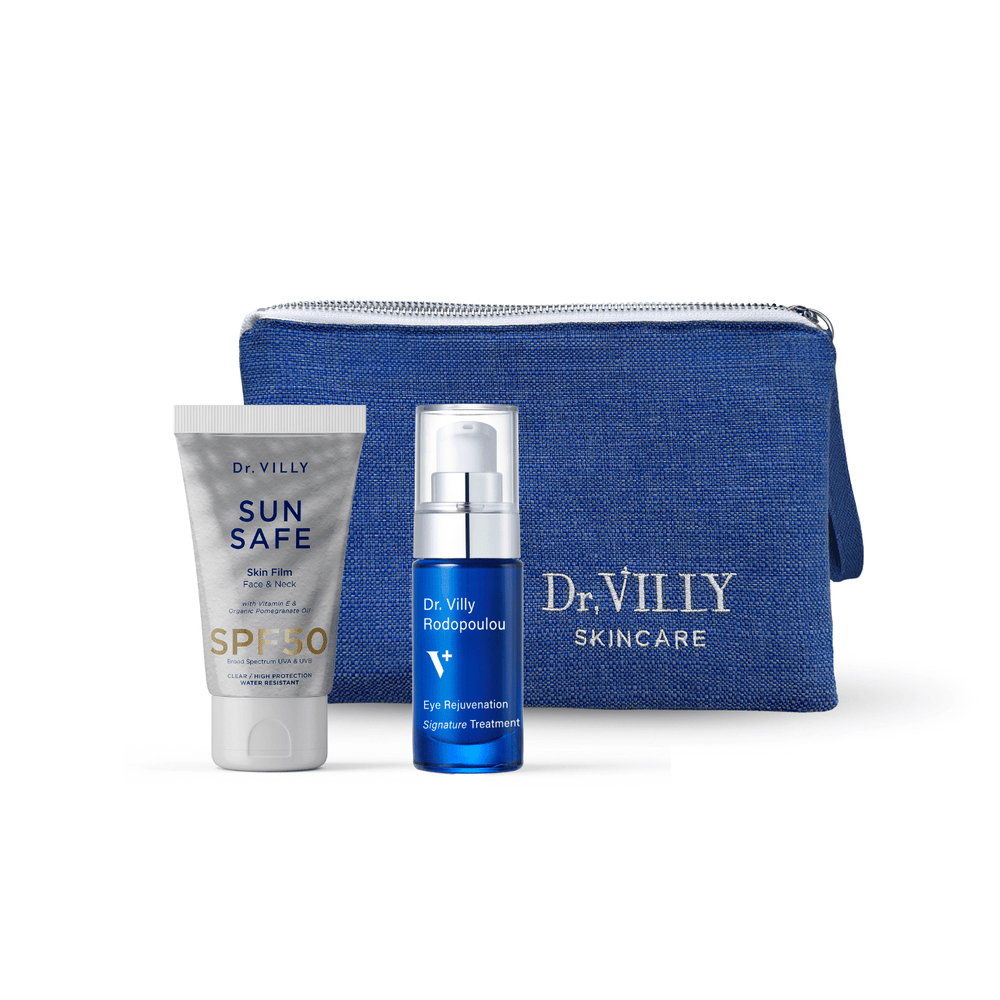 Bright Side Set from Dr. Villy Skincare an antioxidant and brightening essentials set for radiant eye contour and sun protection with a free linen summer pouch.