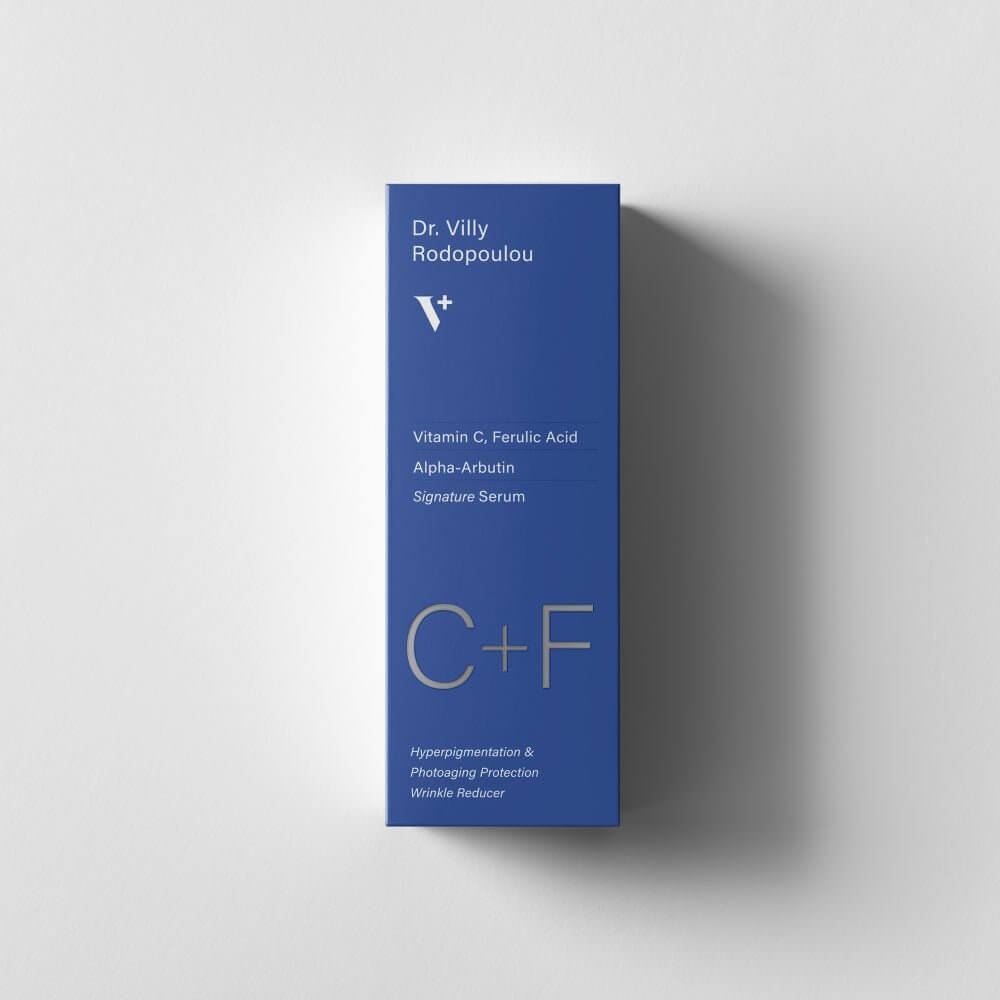 C+F Serum  in a blue branded box - 30ml - Dr. Villy Skincare - Medical Grade, vitamin C & ferulic acid brightening serum for even, glowing skin tone