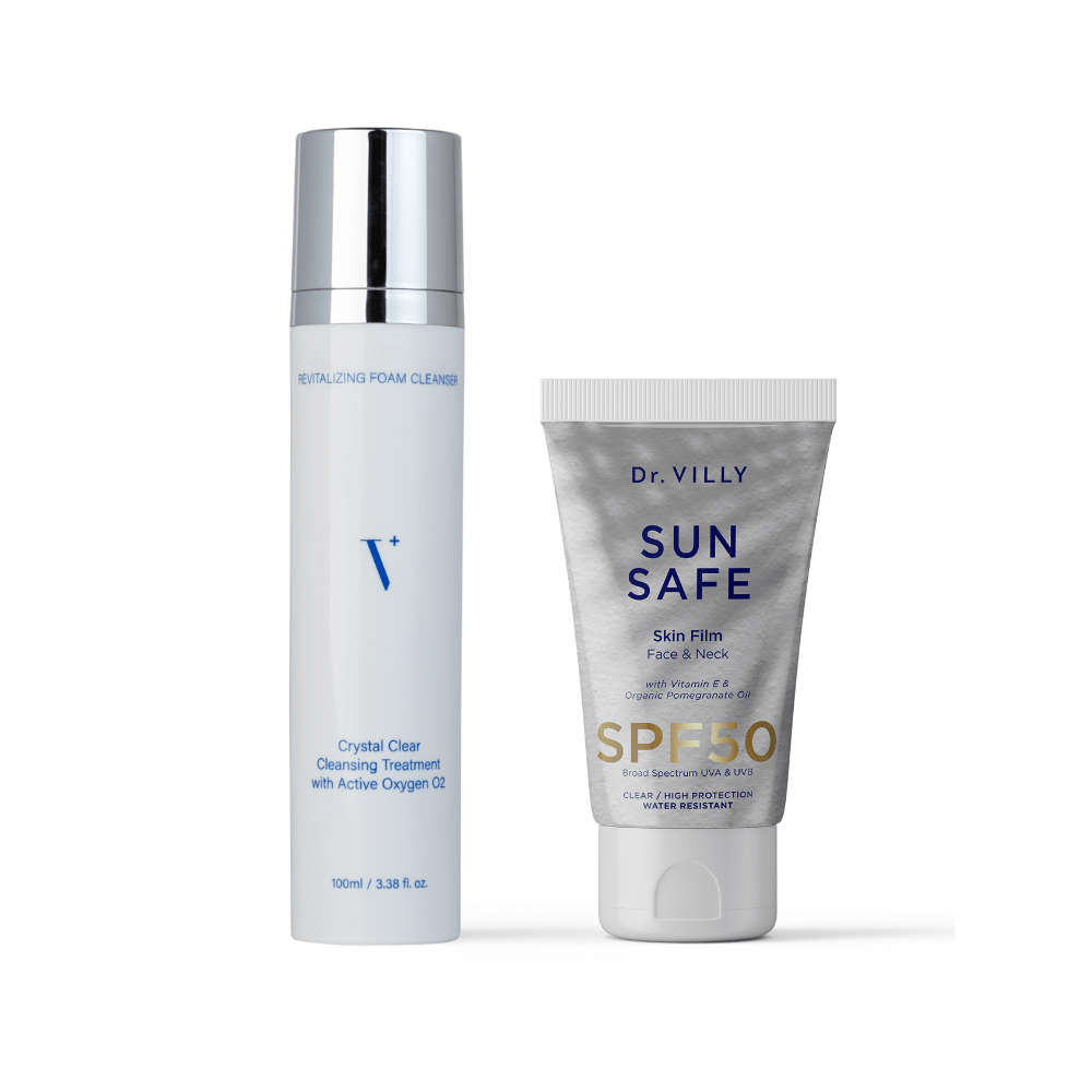 Fresh Start Duo – Dr. Villy Skincare, starter cleanser and clear sunscreen duo for a perfect morning minimalist routine.