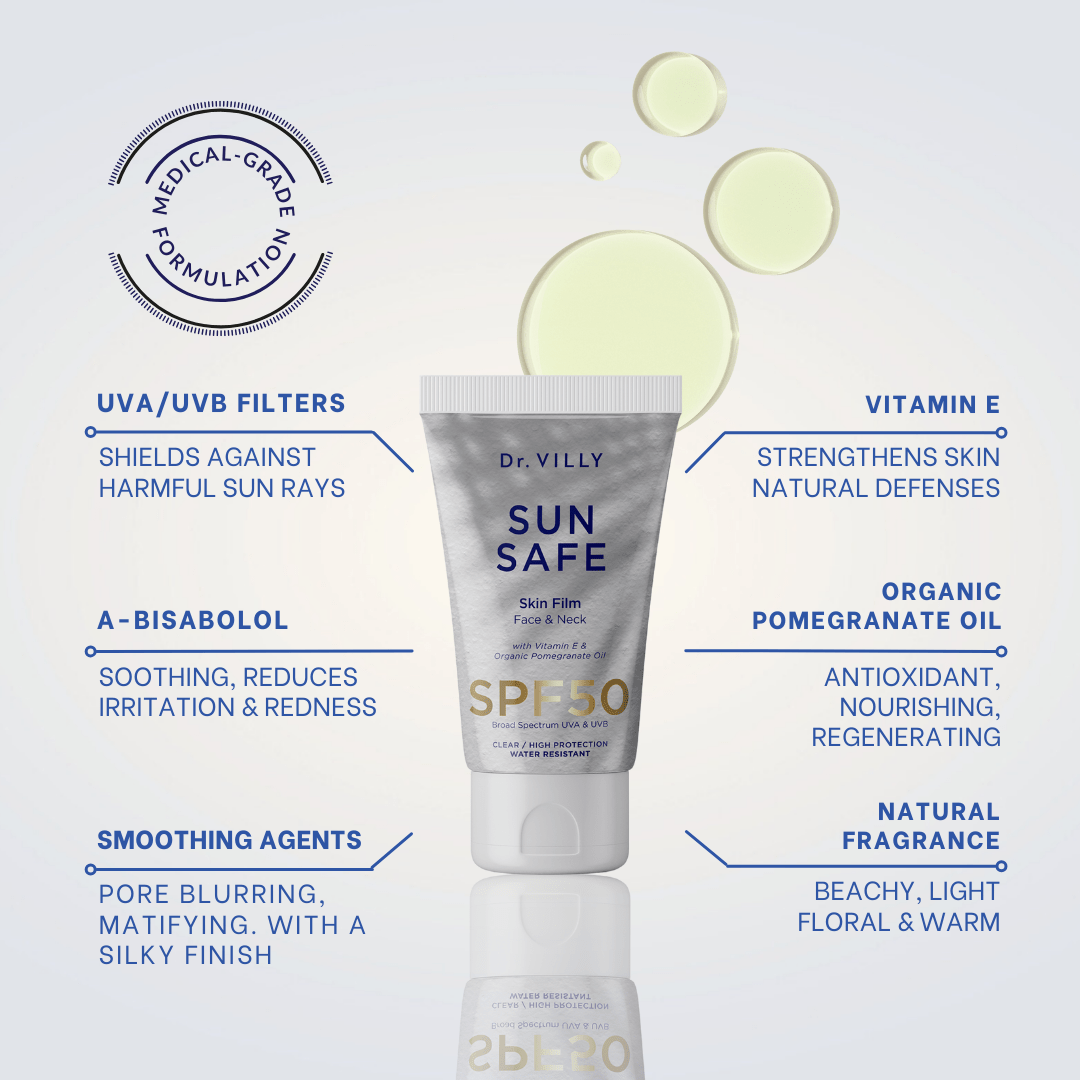 Sun Safe Skin Film SPF50 – transparent, non‑greasy fluid sunscreen with SPF50 protection, Vitamin E, A-bisabolol, Organic Pommegranate Oil and Smoothing agents